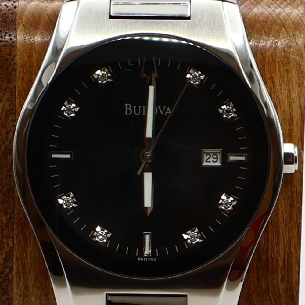 Bulova Mens Diamond -The Black Horse- Sexy Black Dial Stainless Steel -Very Nice